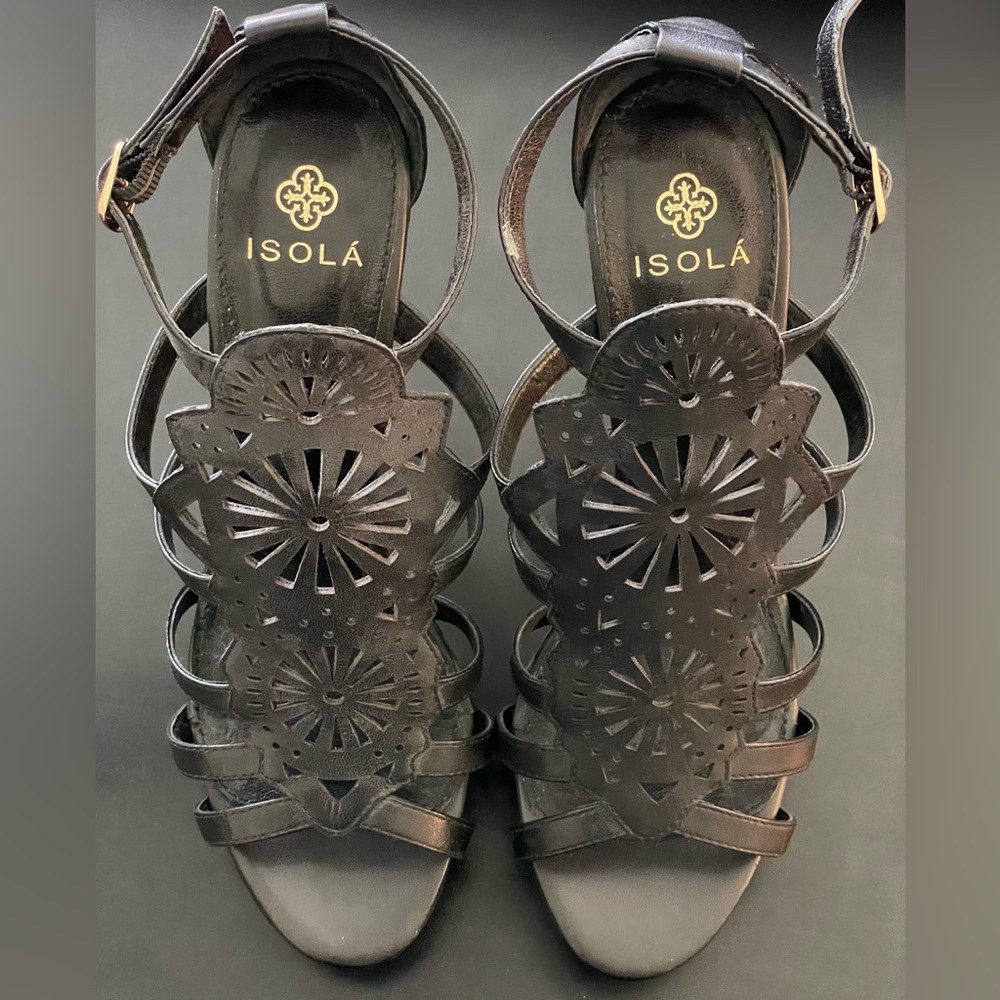 Black bohemian Isola 5” high heel leather sandals, size 9